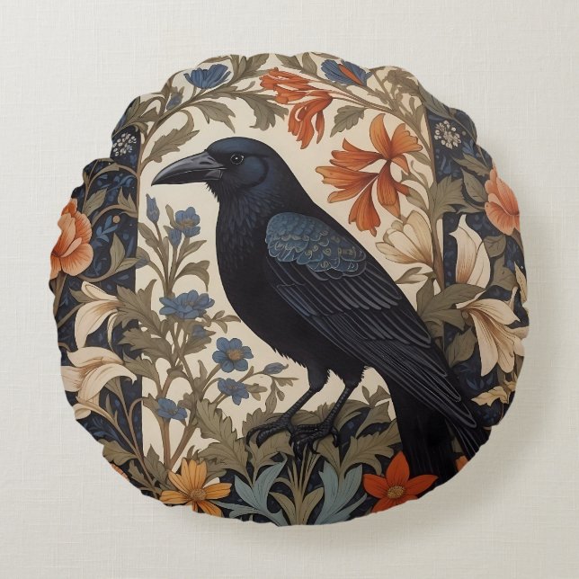 Elegant Black Raven William Morris Inspired Floral Round Cushion (Front)