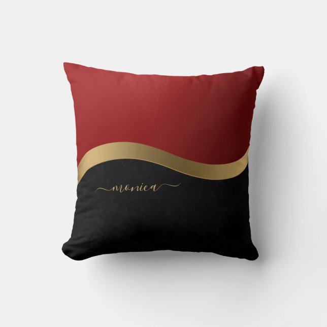 Elegant Black Red and Gold Personalized Cushion (Front)