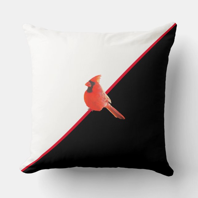 Elegant Black Red and White & Cardinal Bird Cushion (Front)