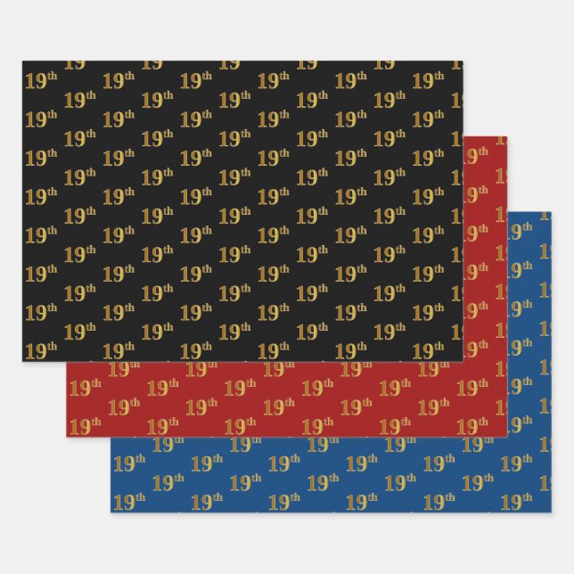 Elegant Black, Red, Blue, Faux Gold 19th Event # Wrapping Paper Sheet (Set)