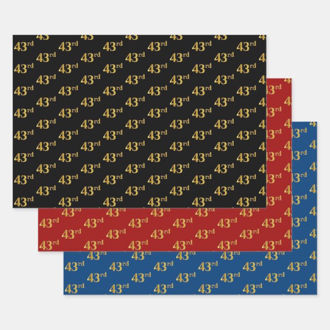 Elegant Black, Red, Blue, Faux Gold 43rd Event # Wrapping Paper Sheet (Set)