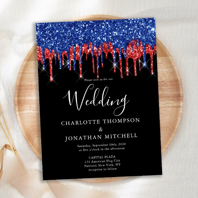 Elegant Black Red Blue Glitter Drip Wedding Invite Postcard (Creator Uploaded)