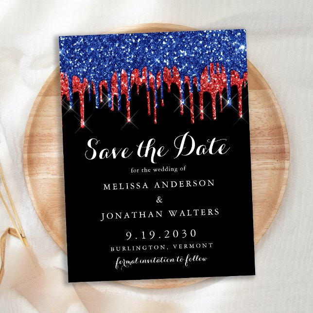 Elegant Black Red Blue Glitter Drips Save The Date Invitation Postcard (Creator Uploaded)