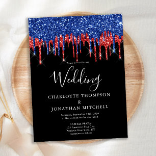 Elegant Black Red Blue Glitter Drips Wedding Invit Postcard