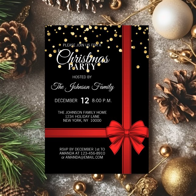 Elegant Black Red Bow Christmas Holiday Party Invitation (Elegant Black Red Bow Christmas Holiday Party Invitation)