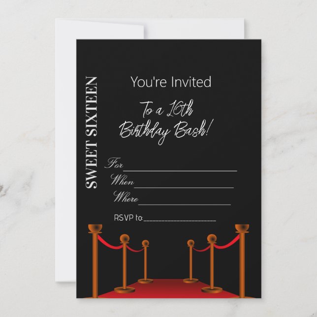 Elegant Black Red Carpet Hollywood 16th Birthday Invitation (Front)