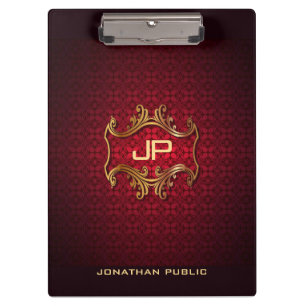 Elegant Black Red Damask Monogram Classic Template Clipboard