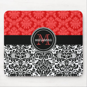 Elegant Black Red Damask Personalised Mouse Pad