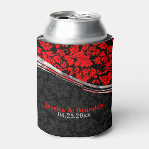 Elegant Black & Red Damasks With Silver Accents Can Cooler
