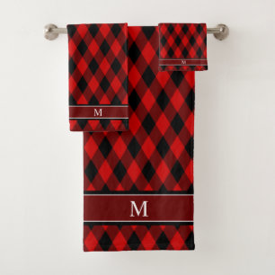 Elegant Black Red Diamond Pattern & Monogram Bath Towel Set
