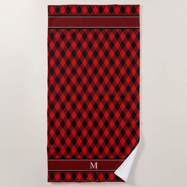 Elegant Black Red Diamond Pattern & Monogram Beach Towel (Front)