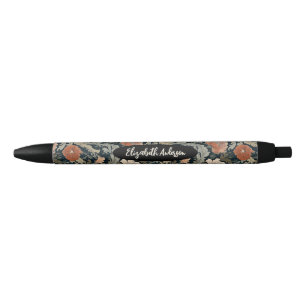 Elegant Black Red Floral Monogram Ink Pen