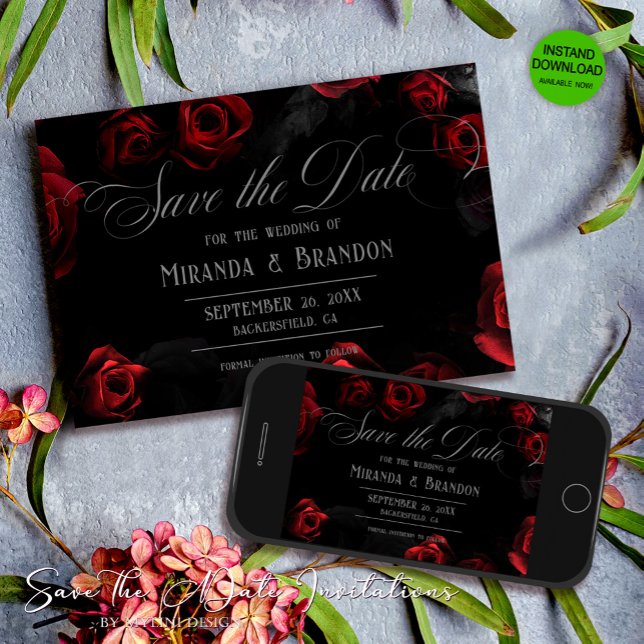 Elegant Black Red Floral Save The Date Invitation (Creator Uploaded)