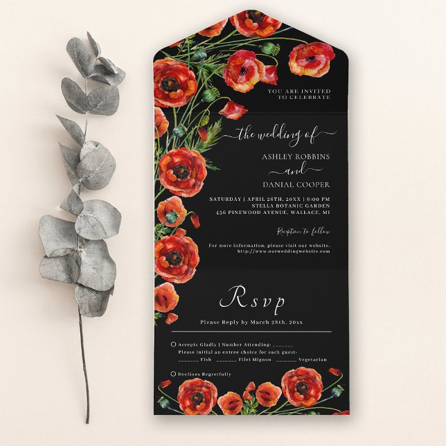 Elegant Black Red Floral Wedding All In One Invitation (Creator Uploaded)