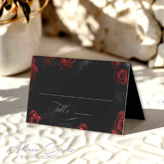 Elegant Black Red Floral Wedding Place Card