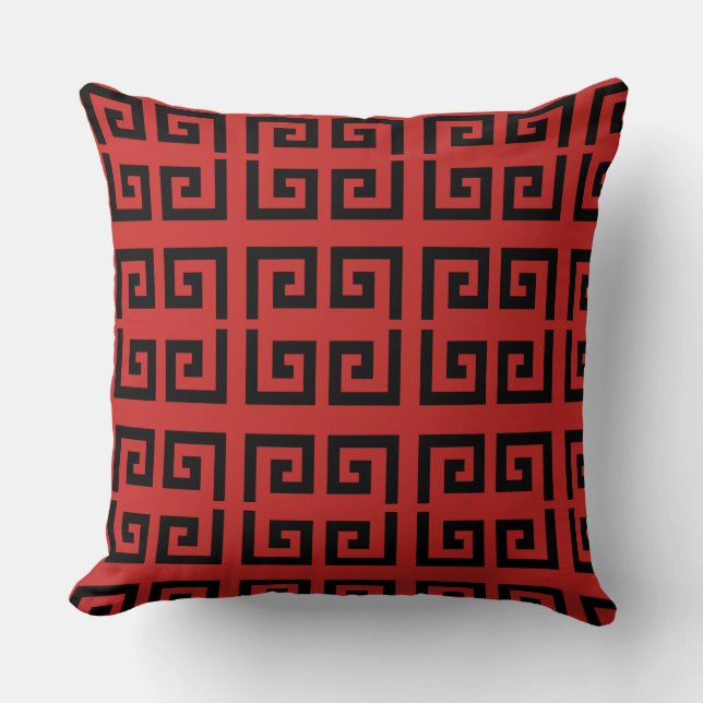 Elegant Black & Red Geometric Pattern Cushion (Front)