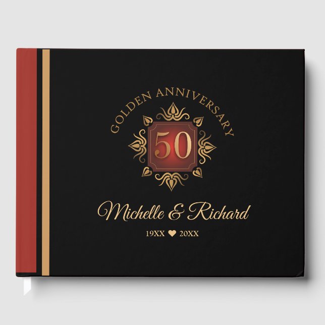 Elegant Black Red Gold 50th Anniversary Guest Book (Front)