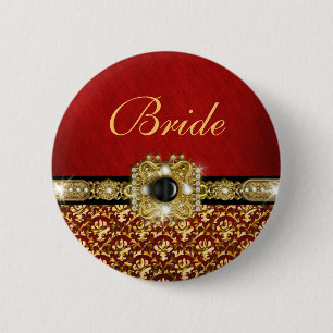 Elegant black red gold "damask wedding" 6 cm round badge
