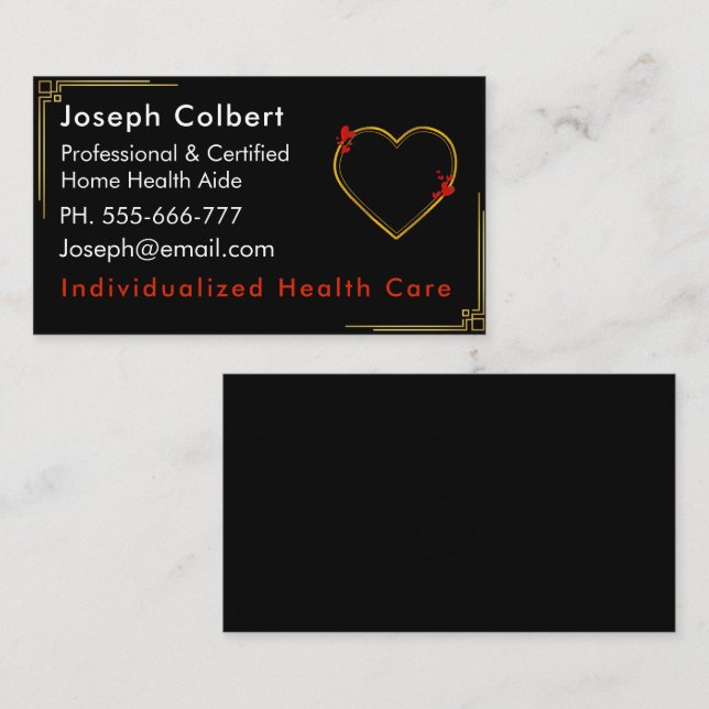 Elegant Black Red Golden Border Caregiver Business Card (Front/Back)
