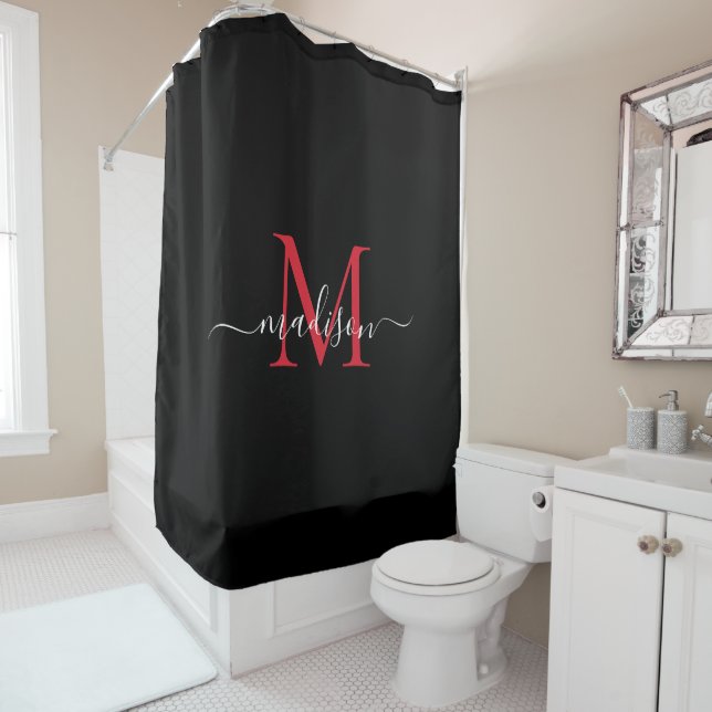 Elegant Black Red Monogram Feminine Script Name Shower Curtain (In Situ)