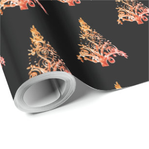 Elegant Black Red Orange Christmas Tree Pattern Wrapping Paper