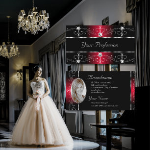Elegant Black Red Ornate Borders Jewels with Photo Business Card