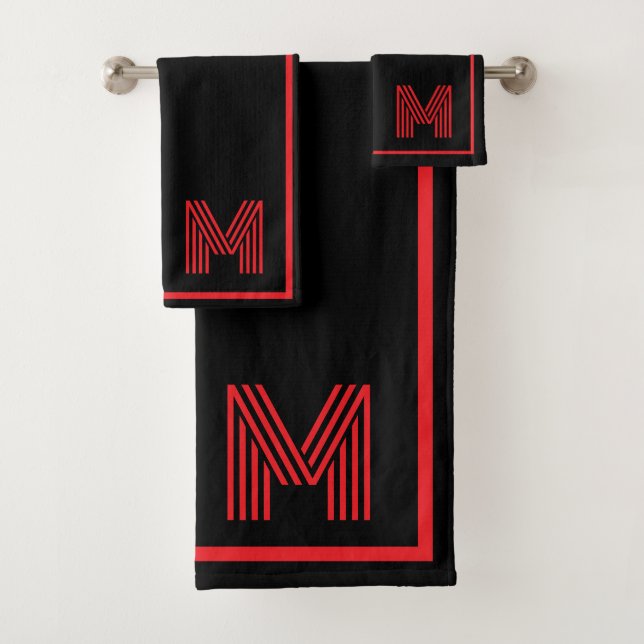 Elegant Black &Red Personalised Monogram  Bath Towel Set (Insitu)
