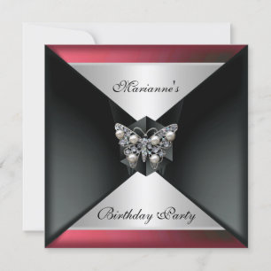 Elegant Black Red pink Pearl Jewel Birthday Silver Invitation