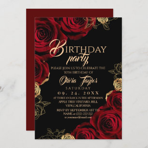 Elegant Black Red Rose Birthday Party Invitation