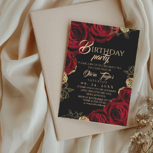 Elegant Black Red Rose Birthday Party Invitation
