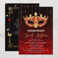 Elegant Black Red Rose Gold Masquerade Sweet 16