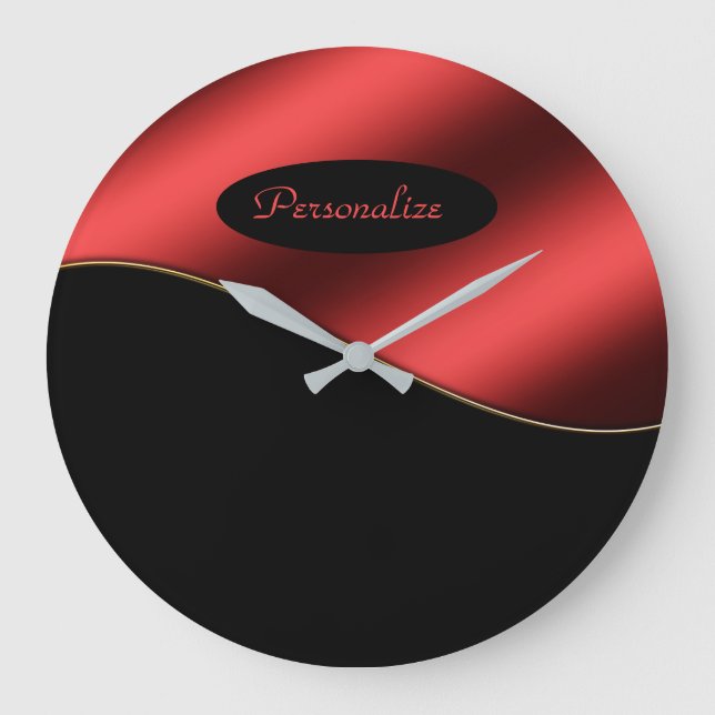 Elegant Black Red Stylish Wave Design Personalise Large Clock (Front)