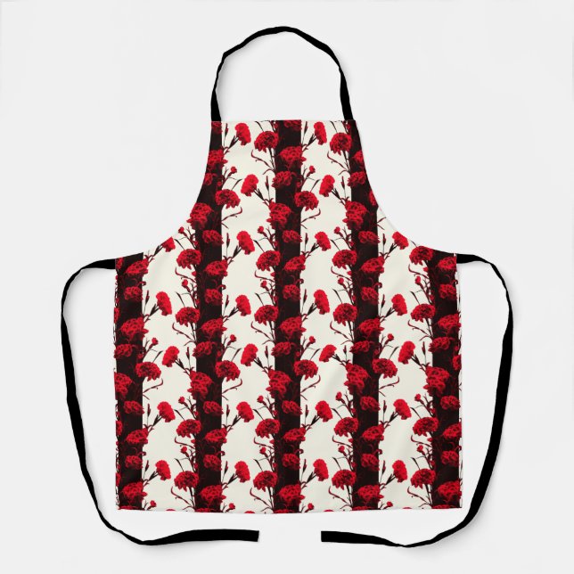 Elegant Black Red White Floral Stripes Carnation Apron (Front)