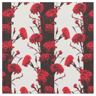 Elegant Black Red White Floral Stripes Carnation Fabric
