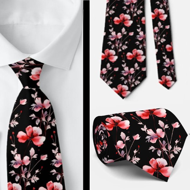 Elegant Black Red Wildflowers Neck Tie (Creator Uploaded)