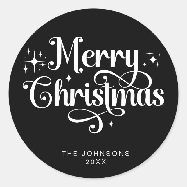 Elegant Black Retro Merry Christmas Script Custom Classic Round Sticker (Front)