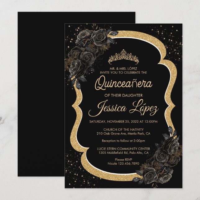 Elegant Black Rose and Gold Quinceanera  Invitation (Front/Back)