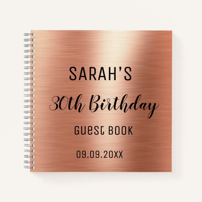 Elegant Black Rose Gold 30th Birthday Guest  Notebook (Front)