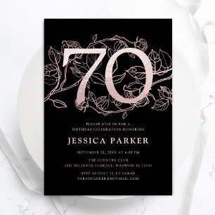 Elegant Black Rose Gold 70th Birthday Invitation