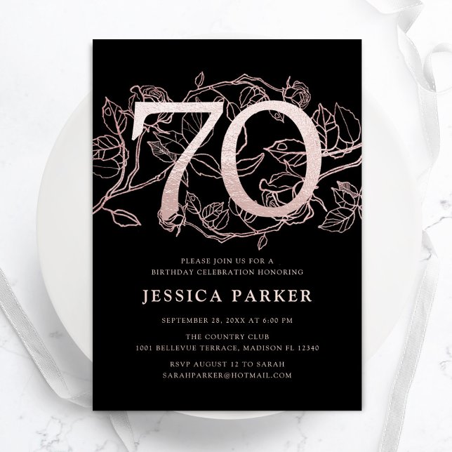 Elegant Black Rose Gold 70th Birthday Invitation (Creator Uploaded)