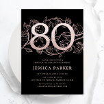 Elegant Black Rose Gold 80th Birthday Invitation<br><div class="desc">Elegant black rose gold 80th birthday party invitation. Customisable modern feminine design featuring roses botanical accents and faux glitter rose gold. Simple floral invite card perfect for a stylish female bday celebration. Personalise with your own details. Printed Zazzle invitations or instant download digital printable template.</div>