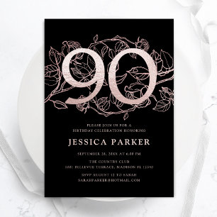 Elegant Black Rose Gold 90th Birthday Invitation