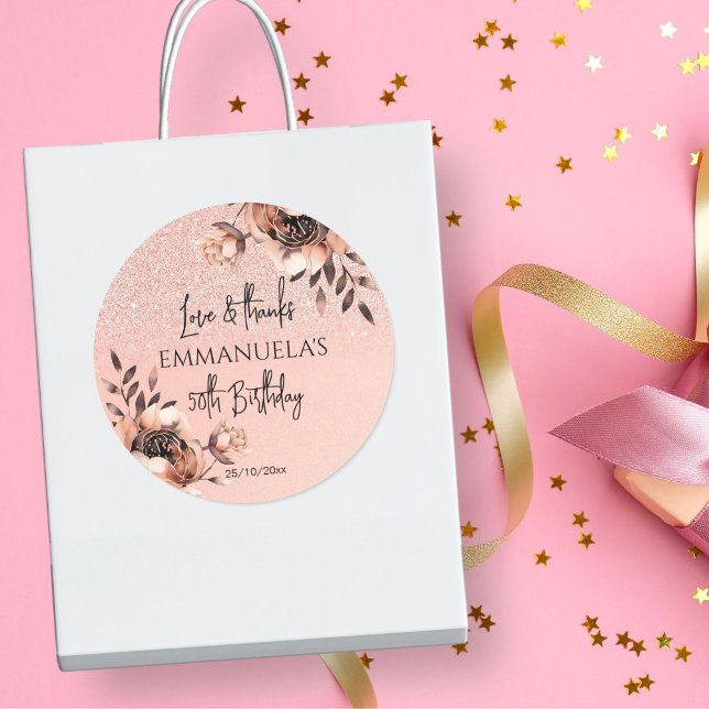 Elegant black rose gold birthday thank you  favour classic round sticker (Elegant black rose gold birthday party thank you favor  stickers party favors 50th 60th 40th party)