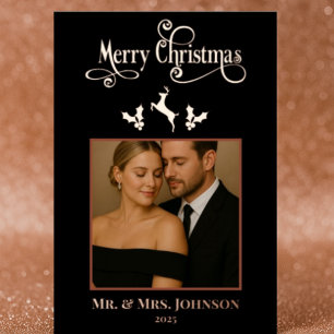 Elegant Black & Rose Gold Christmas Photo Foil Holiday Card