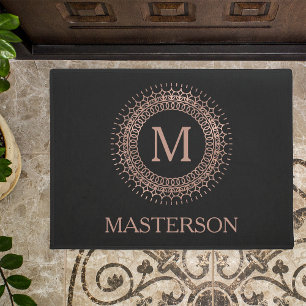 Elegant Black & Rose Gold Family Name Monogram Doormat