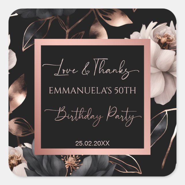 Elegant black rose gold floral birthday favours square sticker (Front)