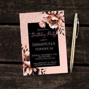 Elegant black rose gold floral birthday template