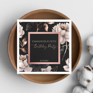 Elegant black rose gold floral birthday template napkin