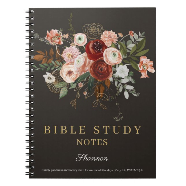 Elegant Black Rose Gold Floral Custom Bible Study Notebook (Front)