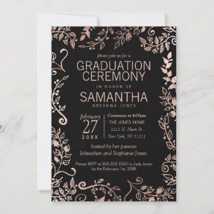 Elegant Black Rose Gold Floral Graduation Invitation